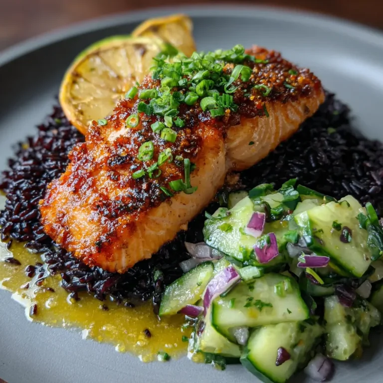 Miso Salmon with black rice and coconut cucumber salad