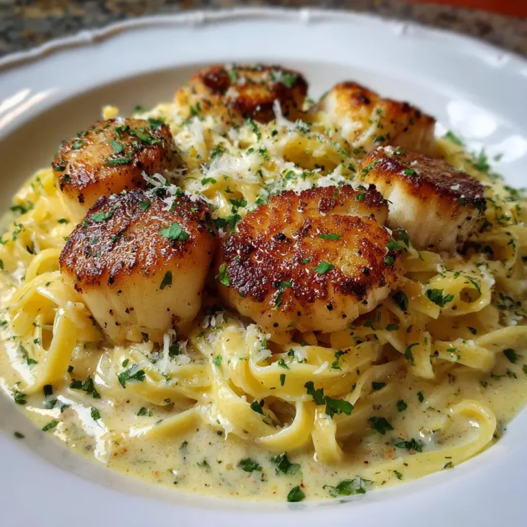 Scallops on pasta with champagne cream sauce