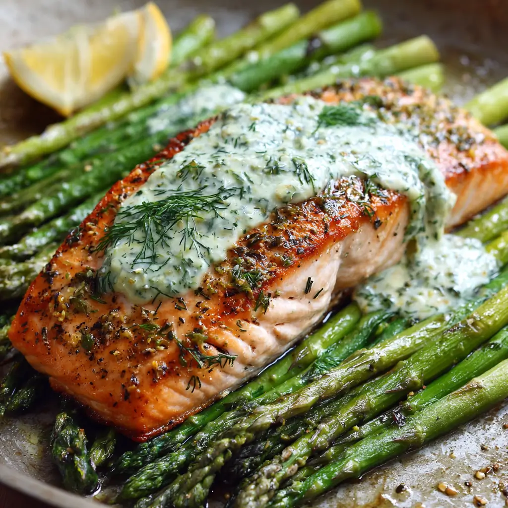 Baked Salmon with Asparagus & Dill Sauce