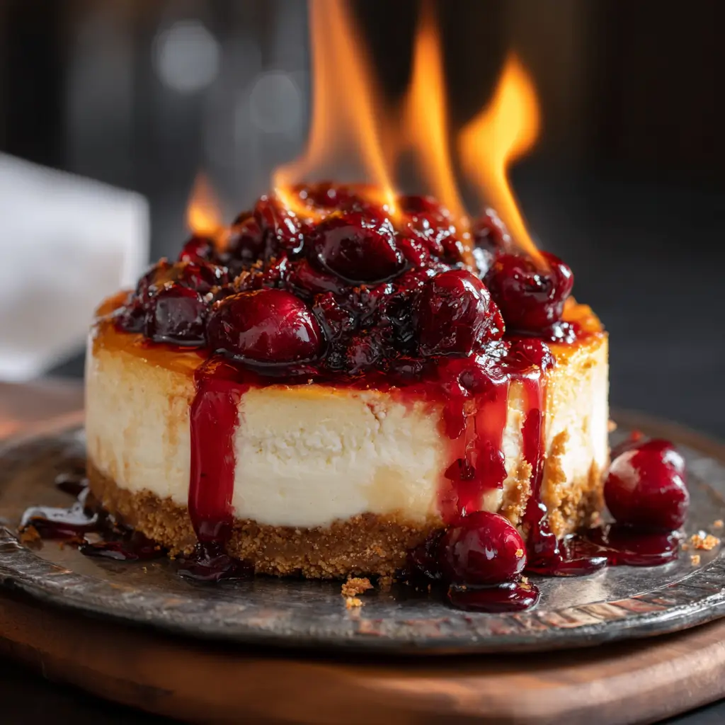 Cherry Cheesecake with cherries soaked in Fireball