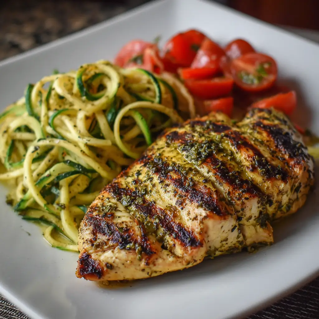 Pesto Grilled Chicken with Zucchini Noodles