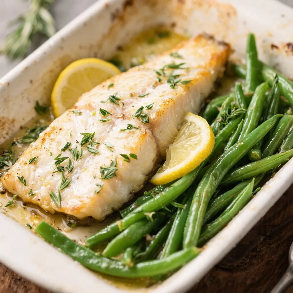 Lemon Herb Baked Halibut with Sautéed Green Beans