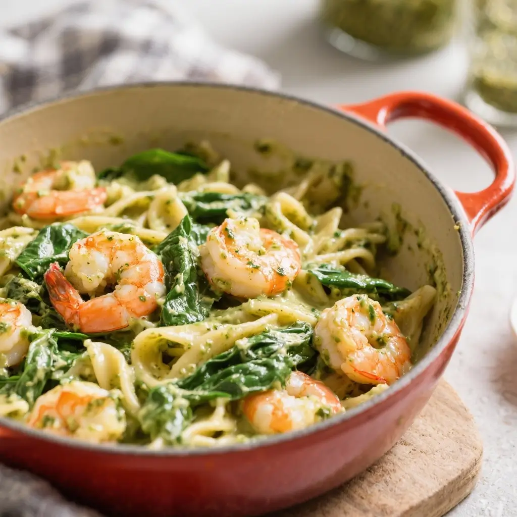 One-Pot Creamy Pesto Shrimp & Spinach Pasta