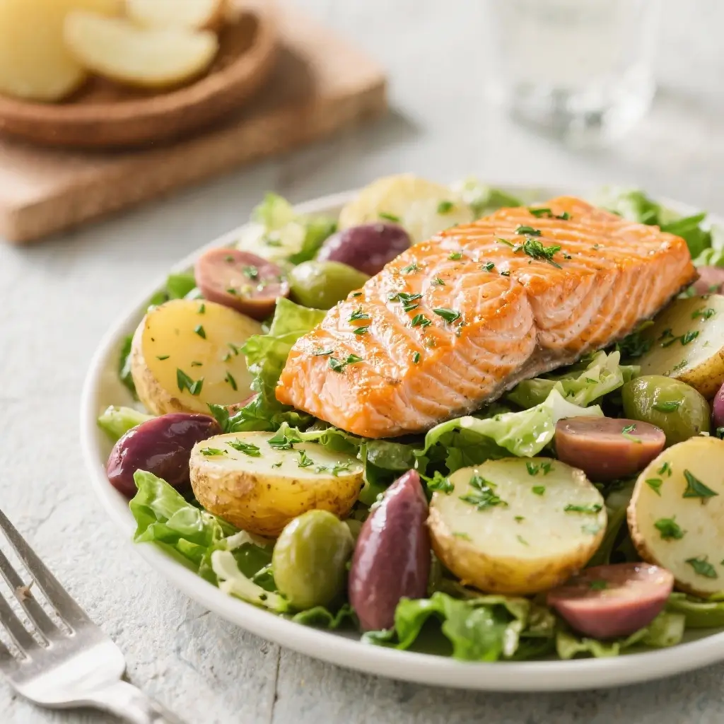 Roasted Salmon Nicoise-Style Salad with Herbed Potatoes