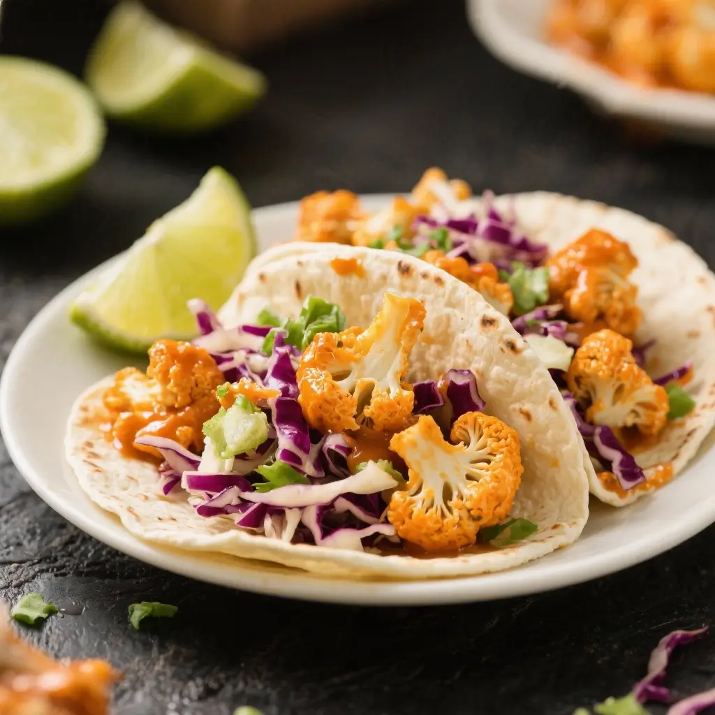 Vegan Buffalo Cauliflower Tacos with Slaw & Lime