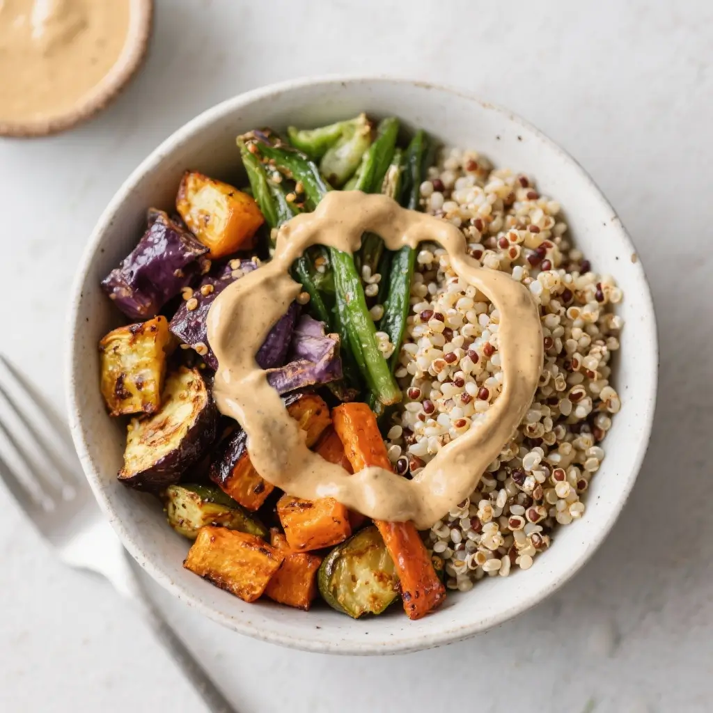 Vegan Global Bowl: Quinoa, Roasted Veggies & Tahini Dressing