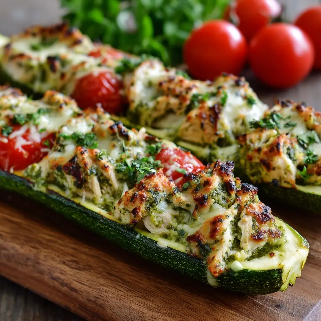 Chicken Pesto Zucchini Boats