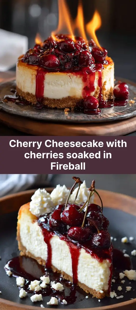 Cherry Cheesecake with cherries soaked in Fireball