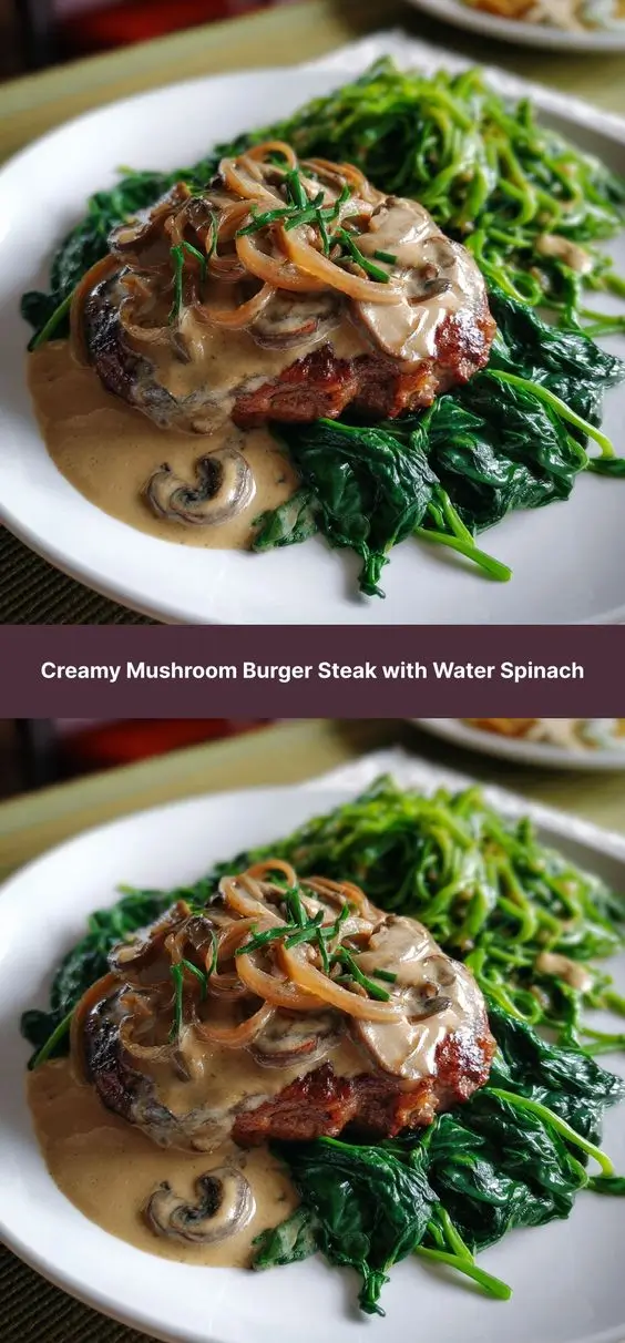 Creamy Mushroom Burger Steak with Water Spinach