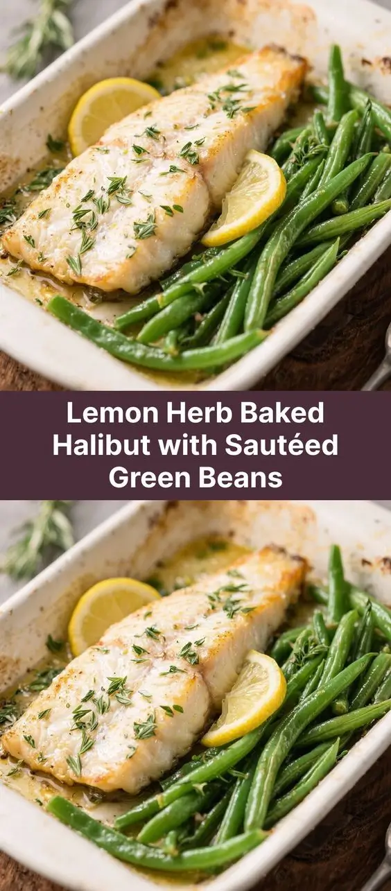 Lemon Herb Baked Halibut with Sautéed Green Beans