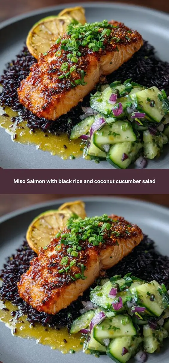 Miso Salmon with black rice and coconut cucumber salad