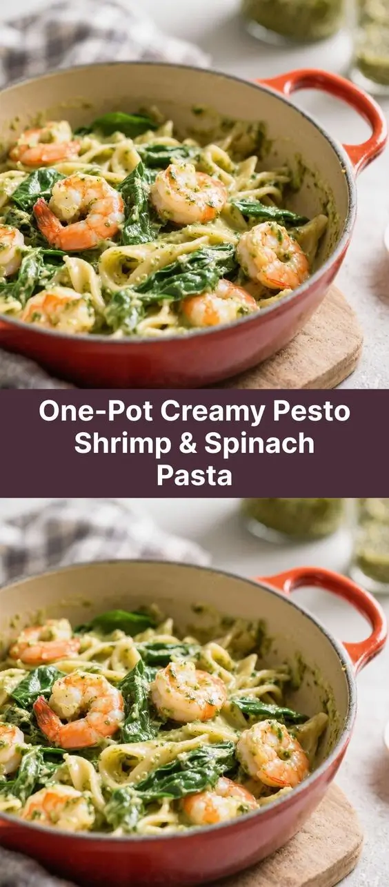 One-Pot Creamy Pesto Shrimp & Spinach Pasta
