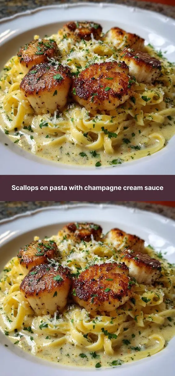 Scallops on pasta with champagne cream sauce