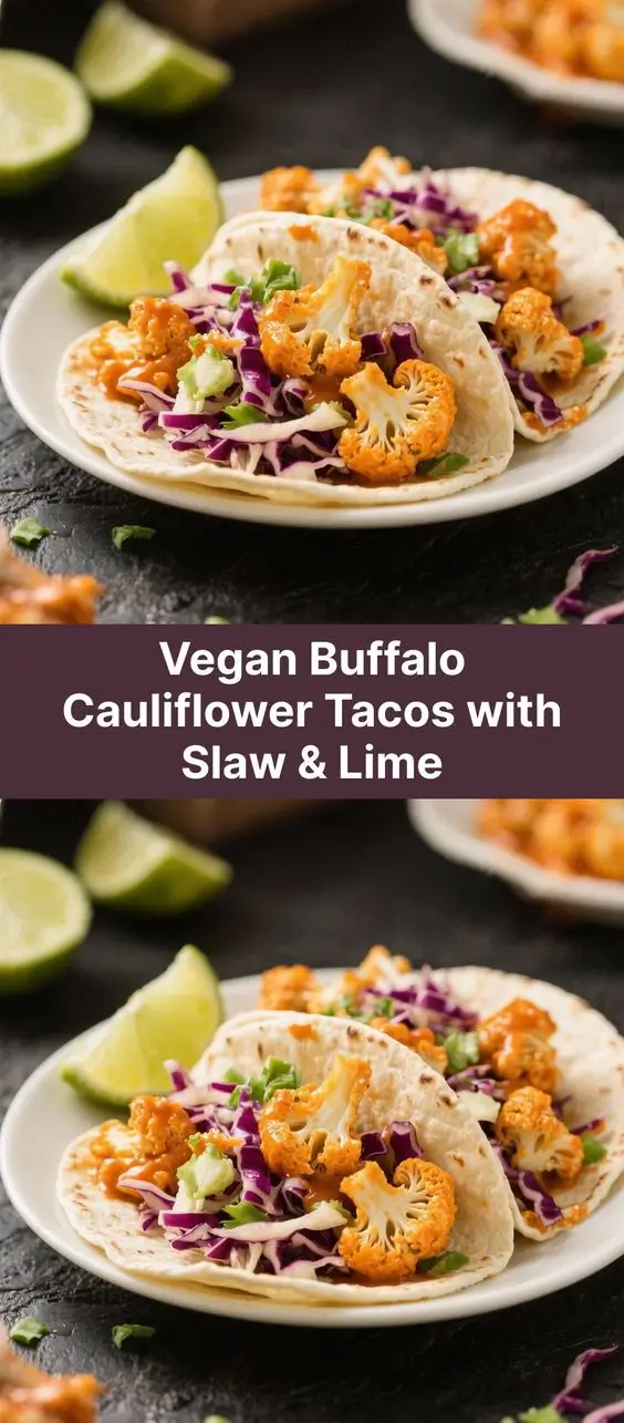 Vegan Buffalo Cauliflower Tacos with Slaw & Lime