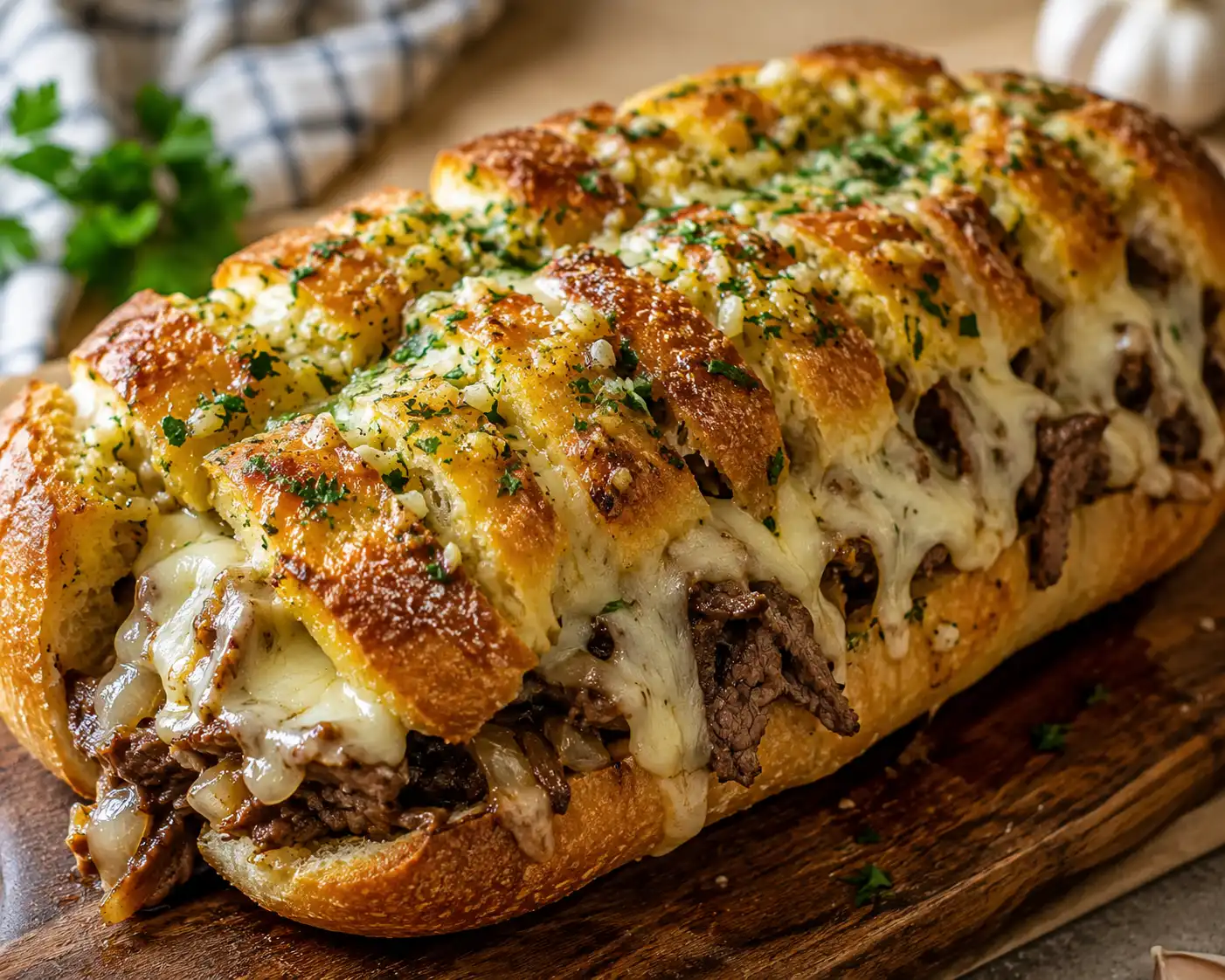 Cheesesteak stuffed garluc loaf
