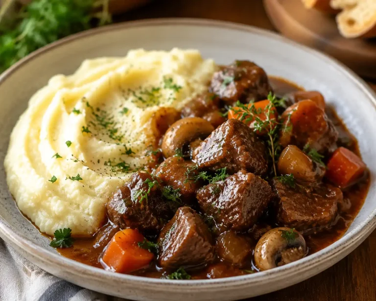 Easy French Beef Stew with Creamy Mashed Potatoes