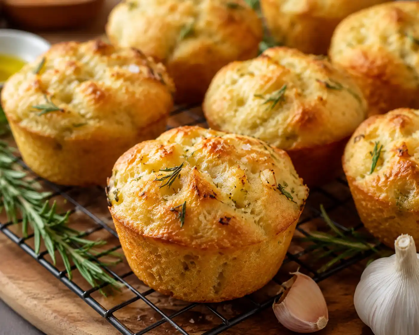 Golden crust garlic rosemary focaccia muffins